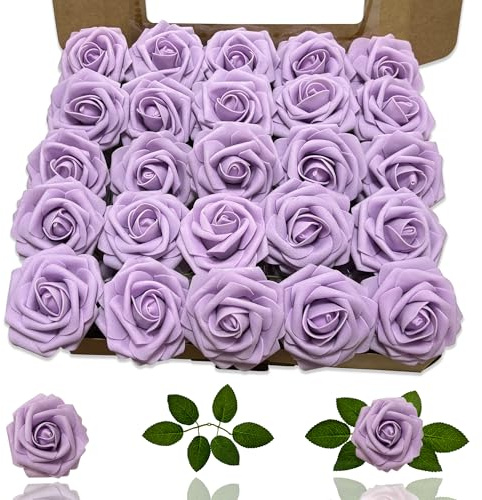 Dailuee Artificial Roses Flowers 25Pcs Real Touch Roses with Stem Foam Fake Roses for DIY Wedding Bouquets Centerpieces Arrangement Party Baby Shower Home Decorations (Purple)