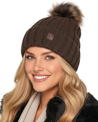 Baesics Gorro de punto con pompón para hombre y mujer – Gorro de invierno unisex cálido con forro polar y pompón de piel sintética, talla única, estilo beanie, marrón, Talla única