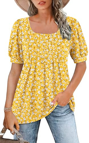 WNEEDU T-shirt dam fyrkantig krage tunika sommar kortärmad t-shirt flytande skjorta veckad toppar chic chic lös topp