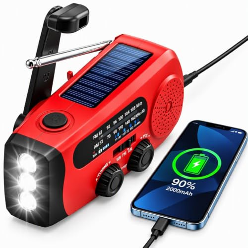 Notfunk Radio Portable d'urgence à Manivelle, 3 Lampes LED, Alarme SOS, Power Bank 2000mAh, Camping en Plein Air, Prévention d'urgence à la Maison, Rouge