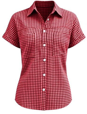 Chemise à Carreaux Femme Été Chemisier Vichy Manches Courtes Blouse Boutonnée avec Poches Haut Col Revers Fluide Top Décontracté Rétro Chic Tunique Légère pour Vacances Travail
