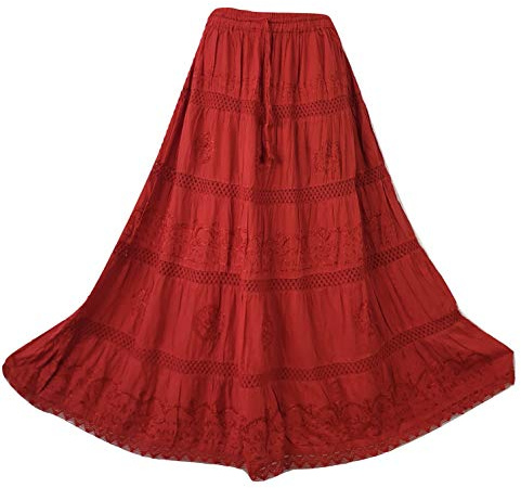 Doorwaytofashion Women Cotton Maxi Full Length Skirt Embroidered Boho Casual Festival Summer UK 10,12,14,16,18 Red