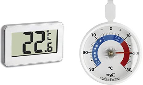 TFA Dostmann Digitales Thermometer, vielseitig einsetzbar, Temperaturmessung im Kühlschrank, gut ablesbar & Analoges Kühlthermometer, klein, handlich, zur Kontrolle von Kühl- und Gefrierschrank