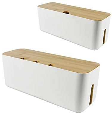 Kabelbox groß und klein im 2er Set - 2 Aufbewahrungsboxen mit Bambus Deckel für Kabel, Adapter und Steckerleisten - Kabelmanagement für Kabelsalat - zum Schutz von Kindern und Haustieren (Weiss)