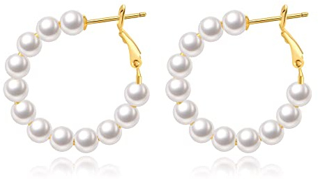 Orecchini a cerchio di perle per le donne Orecchini pendenti a goccia ipoallergenici a cerchio di piccole perle, orecchini aperti placcati in oro 14K Regalo di compleanno per donne