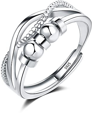 Loutade 925 Sterling Silver Anxiety Fidget Ring with Beads - Adjustable Open Mood Ring for Stress Relief, Infinity Relaxing Gifts for Men and Women