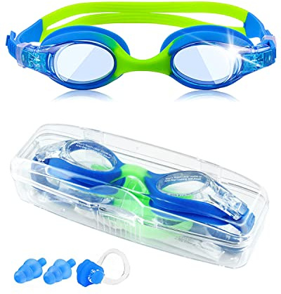 Victoper Kids Swimming Goggles 6-14 Years Waterproof HD Anti Fog No Leaking Wide Vision Soft Silicone Quick Adjust Split Yoke Comfort Strap Boys Blue Green