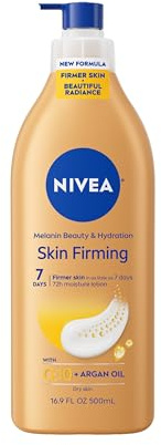 NIVEA Skin Firming Melanin Beauty & Hydration Body Lotion with Q10 and Argan Oil, Firmer Skin in as Little As Seven Days, 16.9 Fl Oz Pump Bottle
