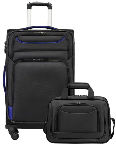 COOLIFE Koffer Trolley Koffer Reisekoffer von 4 Rollen Stoffkoffer Handgepäck TSA-Schloss Der Koffer Enthält 1 Große Umhängetasche (Mittlerer Koffer-Set 2tlg, schwarz+blau)