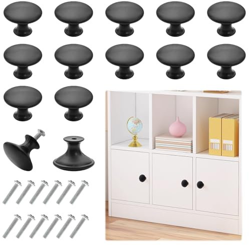 TRUEIN 12 Pezzi Pomelli Cucina Neri, 30mm Pomelli per Cassetti con 12 Pezzi Viti di Montaggio, Pomolo per Mobili Rotondo, Manopole per Mobili da Cucina per Armadio Cassetto Cassettiera Ante