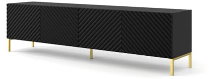 Arthauss Modern Black Surf TV Cabinet 200cm - Elegant Entertainment Centre with Storage, Media Console with Push-To-Open Hinged Doors, Gold Metal Legs, Durable MDF Television Stand