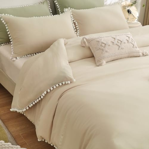 WONGS BEDDING Set di biancheria da letto king size, con pompon e nappe, in morbida microfibra, con chiusura a cerniera, colore: beige e bianco (220 x 230 cm)