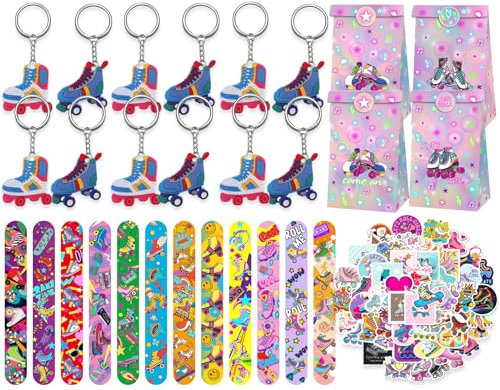 86 Stück Rollschuh-Partygeschenke, Rollerskate Geschenk, Slap Armbändern Papiertüte Schlüsselanhänger Sticker, 90er Rock Hippie Disco Retro Party Zubehör, für Rollschuh-Geburtstagsparty