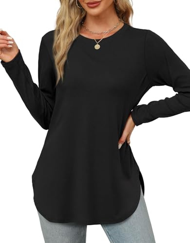 XIEERDUO Long Sleeve Shirts for Women Black Tunic Tops to Wear with Leggings Side Split Fall Tops School Outfits for Teachers XL