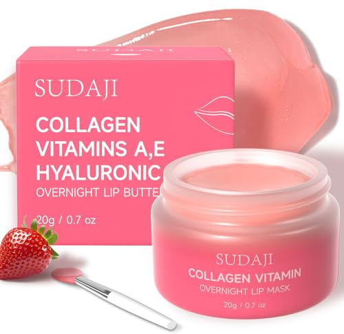 SUDAJI Collagen Lip Mask, Hydrating Lip Balm, Lip Moisture with Hyaluronic Acid & Vitamins E, A- Overnight Sleeping Nourishing Lip Butter Balm for Dry Lips 0.7 Oz​​