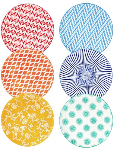 Cerkik Ceramic Salad Plates Set - 8.5 Inch Round Porcelain Dinner Dishes for Dessert Pasta Appetizer Sandwich - Scratch Resistant, Microwave Dishwasher Safe - Set of 6 - Assorted Colors