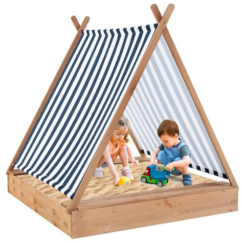 GOPLUS Bac à Sable pour Enfant, Bac à Sable en Bois de Sapin pour Tout-Petits de 1+ Ans, avec Auvent Amovible, 2 Bancs, Maison de Jeu Extérieure à Thème de Tente pour Cour, Jardin, Plage, Naturel