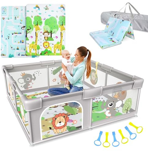 BELLEBEBE - Laufstall Baby - Laufgitter Baby mit Matte, 50 Bunte Bälle, Spielkorb & Stoffbuch Tiere - 6 Griffe, Tragetasche - Sicher & Werkzeuglos Montierbar (Grau, 120x120 cm)