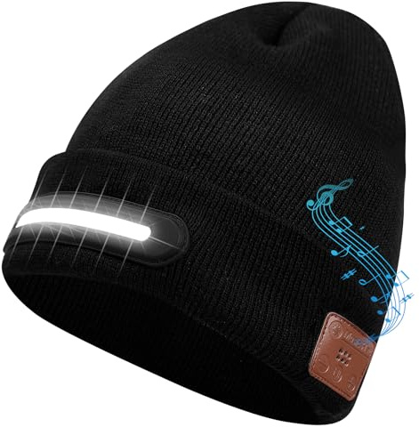 Berretto Bluetooth con Luce LED, Cappello Berretto Ricaricabile con Senza Fili Musicale, Cappello Invernale Lavorato a Maglia con Altoparlanti Stereo e Microfono, Regalo Uomo Donna, Idea Regali Natale