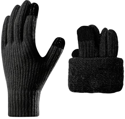 JFAN Guanti in maglia Invernali da Uomo e Donna con Touch Screen Guanti Termici Con Fodera In Pile antiscivolo antivento per Sport ski,Nero