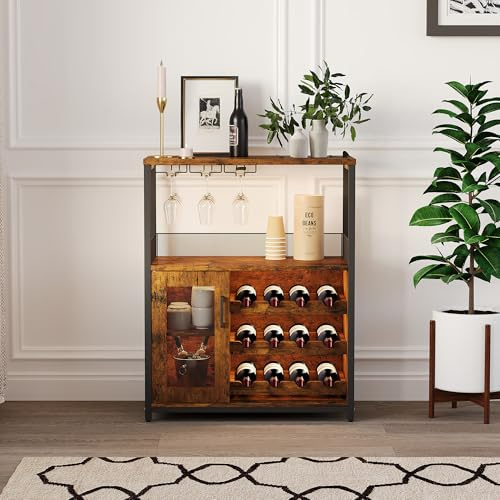Aptliton Wine Cabinet with Removable Wine Rack, 3-Tier Bar Cabinet with LED Light, Baffle Door & Glass Holders, Industrial Kitchen Buffet Sideboard for Dining Room, 69x35x92 Cm, Rustic Brown