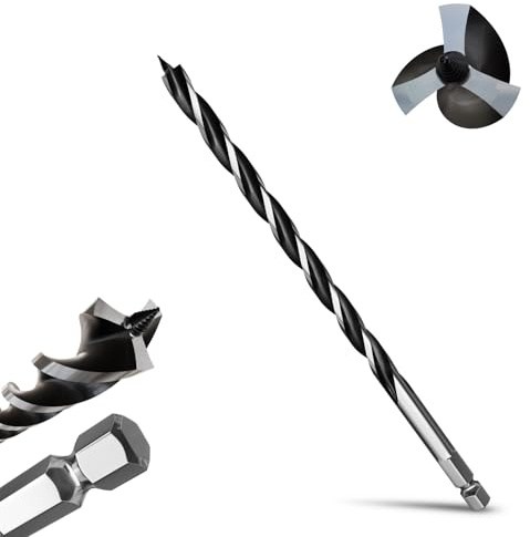 METOTY 12mmx300mm Auger Drill Bit Extra Long Drill Bits，12mm Hex Shank for Wood with Quick Change - 3-Cutter Design with Dual-Flute for Fast Chip Removal, Fits Hardwood, Softwood, PVC, Drywall