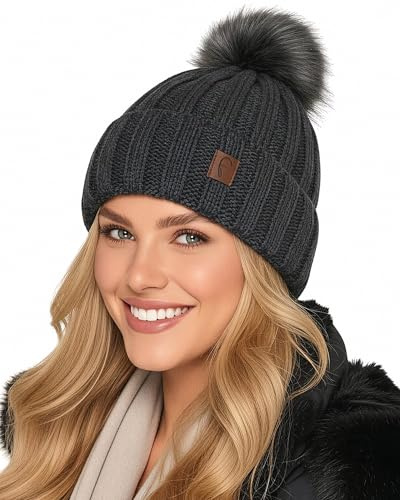 Baesics Bonnet à pompon pour homme et femme - Tricot avec pompon en fourrure synthétique - Doublure intérieure en polaire - Tour de tête d'environ 56-58 cm - Bonnet caniche pour l'hiver, le ski, le