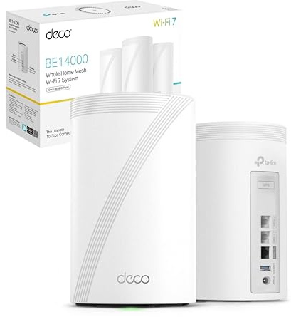 TP-Link Deco BE14000 Tri-Band Whole Home Mesh WiFi 7, 10 Gbps-port, MLO, 320MHz, 6GHz, färglös AI-roaming, HomeShield-säkerhet, spel och strömning, smart hem, föräldrakontroll (deco
