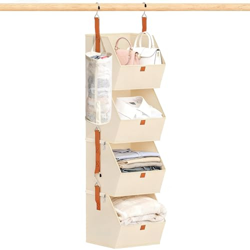 Glowfry 4 Tier Hanging Closet Organizer with Socks Storage Mesh Bag - Space Saving Storage Shelves for Closet, Wardrobe, Fabric Storage Bins for Dorm Rooms, Bedroom (Beige)