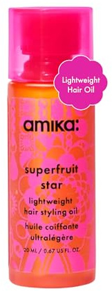 amika superfruit star lightweight hair styling + heat defense oil, 20ml | heat protection, strengthen + reduce breakage, smooth frizz, add glossy shine