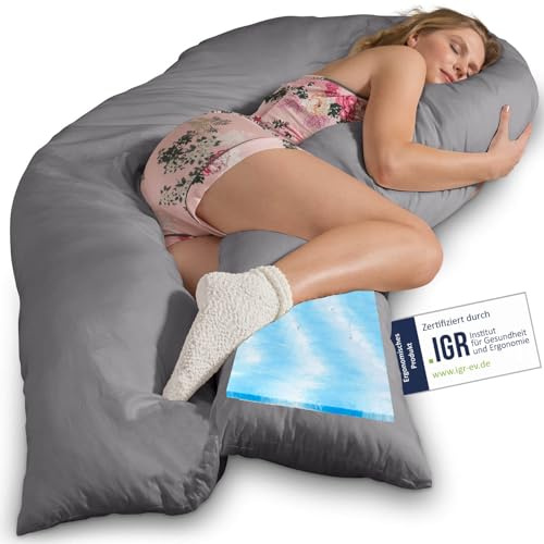 Traumreiter Seitenschläferkissen Visco XXL mit Bezug Baumwolle Grau, Wendekissen mit 1cm Memory Foam und Watte Seite, Komfortkissen, Lagerungskissen Ergonomie Zertifiziert