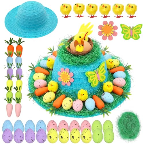 SUPERFA Easter Boys Bonnet Kit, Make Your Own Easter Blue Bonnet Hat Set Whit Chicks, Carrots, Nests, Eggs, Grass, Flower