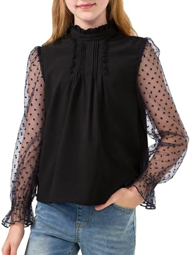 Rolanko Chemise à Manches Longues pour Filles Blouse en Mousseline Hauts Mignons à Col Volant et Pois Suisses