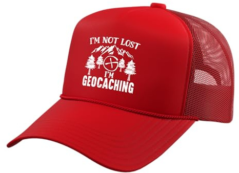I'm Not Lost I'm Geocaching Geocacher Cache GPS Tracking Trucker Hat with Adjustable Mesh Back, Red