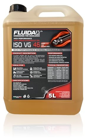 FLUIDAX Olio Idraulico ISO VG 46 HVI 5 Litri – Lubrificante Idraulico Minerale ad Alto Indice di Viscosità, Antiusura, Anticorrosione e Antischiuma – per Impianti Idraulici Industriali e Agricoli