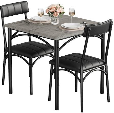AffinityFurn 3 Piece Modern Dining Table Set, Kitchen Table and Chairs Set for 2, Square Metal and Wood Table, Space Saving Table Set with Upholstered Chairs, Compact Apartment Kitchen Furniture(Grey)