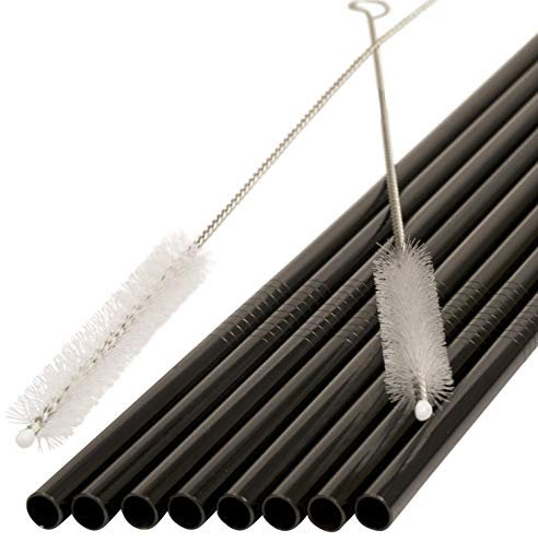 JOHSEATY Wiederverwendbare Strohhalme aus Edelstahl Schwarz – 8er Set, Gerade 21,5 x 0,6 cm + 2 Reinigungsbürsten, Spülmaschinenfest, BPA-frei, Metall Trinkhalme für Gin, Cocktails & Smoothies