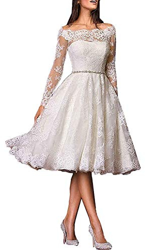 JAEDEN Femme Robe de mariée Court Robe de Mariage Manche Longue Dentelle Robe Nuptiale avec Ceinture Blanc EUR42