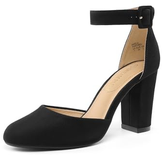 DREAM PAIRS Womens High Heels Closed Toe Court Shoes Block Ankle Strap Ladies Sandals for Wedding,Size 7,Black/Suede,Angela