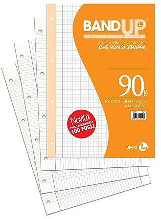 BM BeMore – Ricambi Bandup A4 Con Banda Rinforzata – Rigatura Q – Quadretti 5Mm Con Margini Per Elementari – Formato Convenienza Da 160 Fogli – Carta 90G/Mq - 0122257
