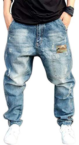 ORANDESIGNE Homme Hip Hop Jeans Style Hipster Graffitis Impression Baggy Jeans Urbain Skate Denim Pantalons Lâche Fit Jambe Droite Cargo Pantalon Rétro Broderie F Bleu Clair L
