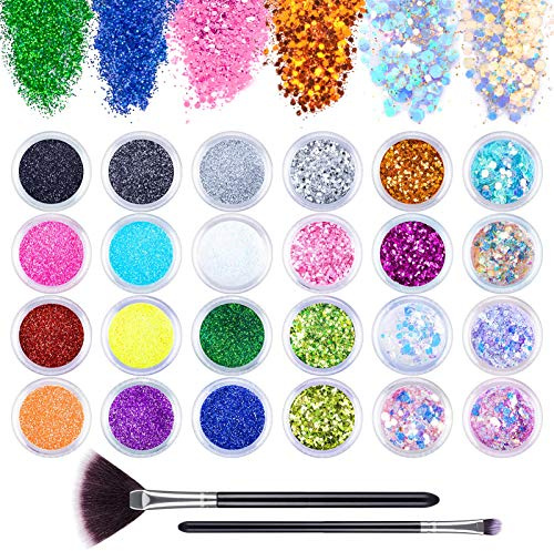 MELLIEX 24 Pièces Paillettes Ongles Set, Poudre Pailletée Holographique Paillette Maquillage pour Festival Visage Corps Ongles Nail Art Decoration, avec Outils de Pinceaux