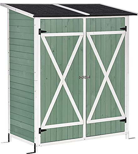 Outsunny Small Shed, Wooden Garden Shed with Flexible Table, Hooks and Ground Nails, Lockable Tool Shed with Asphalt Roof, 140 x 75 x 157cm, Green