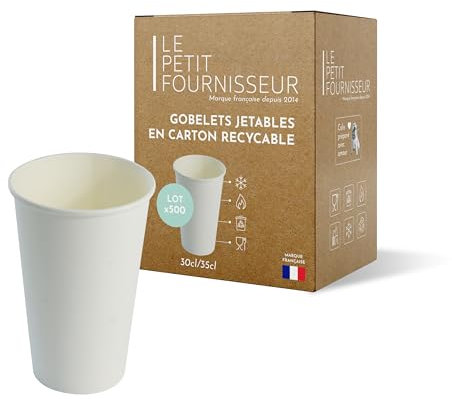 LPF LE PETIT FOURNISSEUR - Lot de 500 Gobelets jetables en Carton Kraft 30-35cl - Recyclable et Biodégradable - Gobelets café, thé, boissons chaudes et froides - Résistant à la chaleur - Couleur Blanc