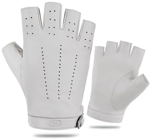 GSG Fingerlose Lederhandschuhe Damen aus echtem Leder Ungefütterte Halbfinger-Fahrhandschuhe aus Schaffell Weiß Large