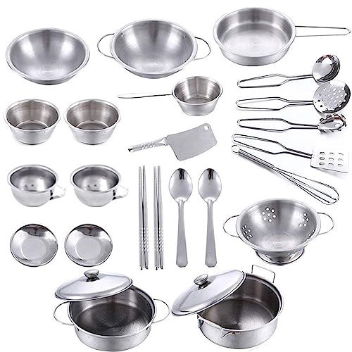 SDYGDB 25Pcs Pretend Play Kitchen Cookware Set,Stainless Steel Cookware Playset,Pots Pans Cooking Utensils Set for Kids Toddlers Childrens Christmas,New Year, Holiday, Birthday or Everyday Gifts