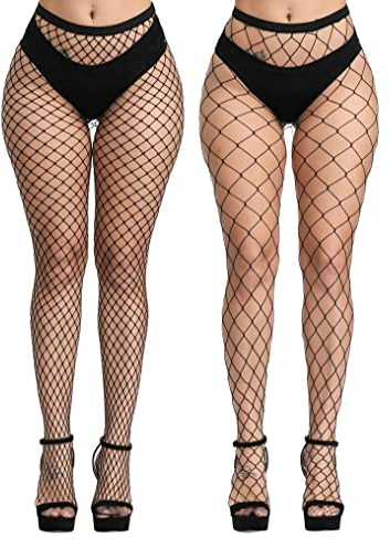 CozyWow Collant a rete da donna elastico per scavare fuori a vita alta rete da pescatore collant deliziosi giarrettiera coscia calze alte per donne, Nero-medio+grande foro, Taglia unica