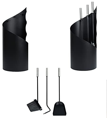 YARDIN Set di 4 posate per camino, in acciaio inox, accessori per camino, moderni, con struttura, pala, scopa e gancio, colore: nero