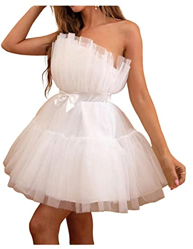Dawwoti Vestidos De Mujer Tulle Mini Tutu Tutu Bow Bro Delantero Tubo Top Toping Vestido De Dama De Honor