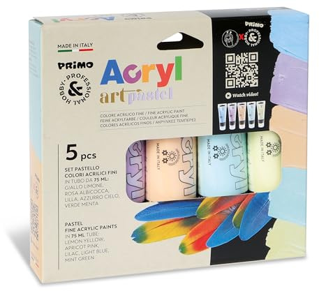 PRIMO Hobby & Professional - Peinture Acrylique Professionnelle avec 5 Tubes de 75 ml, Couleurs Acryliques pour Peinture Pastel, Set Acrylique pour Tissus, Loisirs Créatifs et Hobby Made in Italy